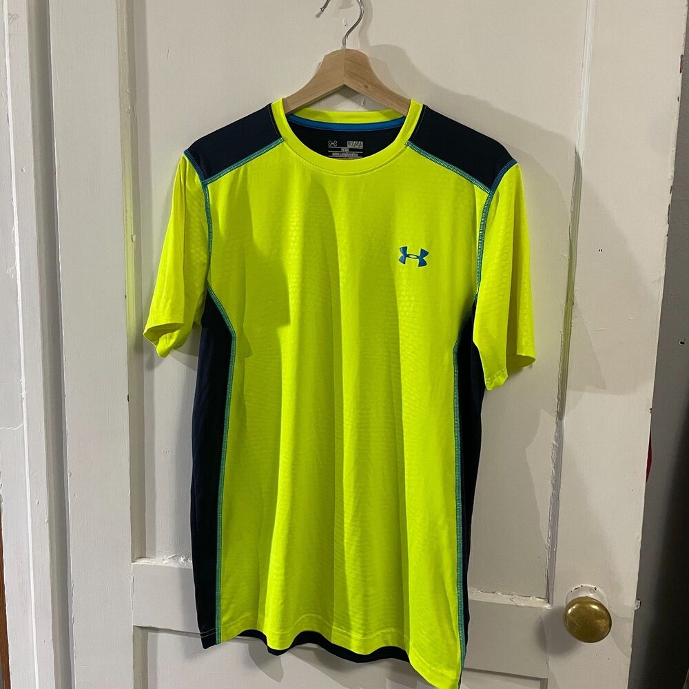 Under Armor mens high vis neon yellow and blue heatgear athletic T-shirt